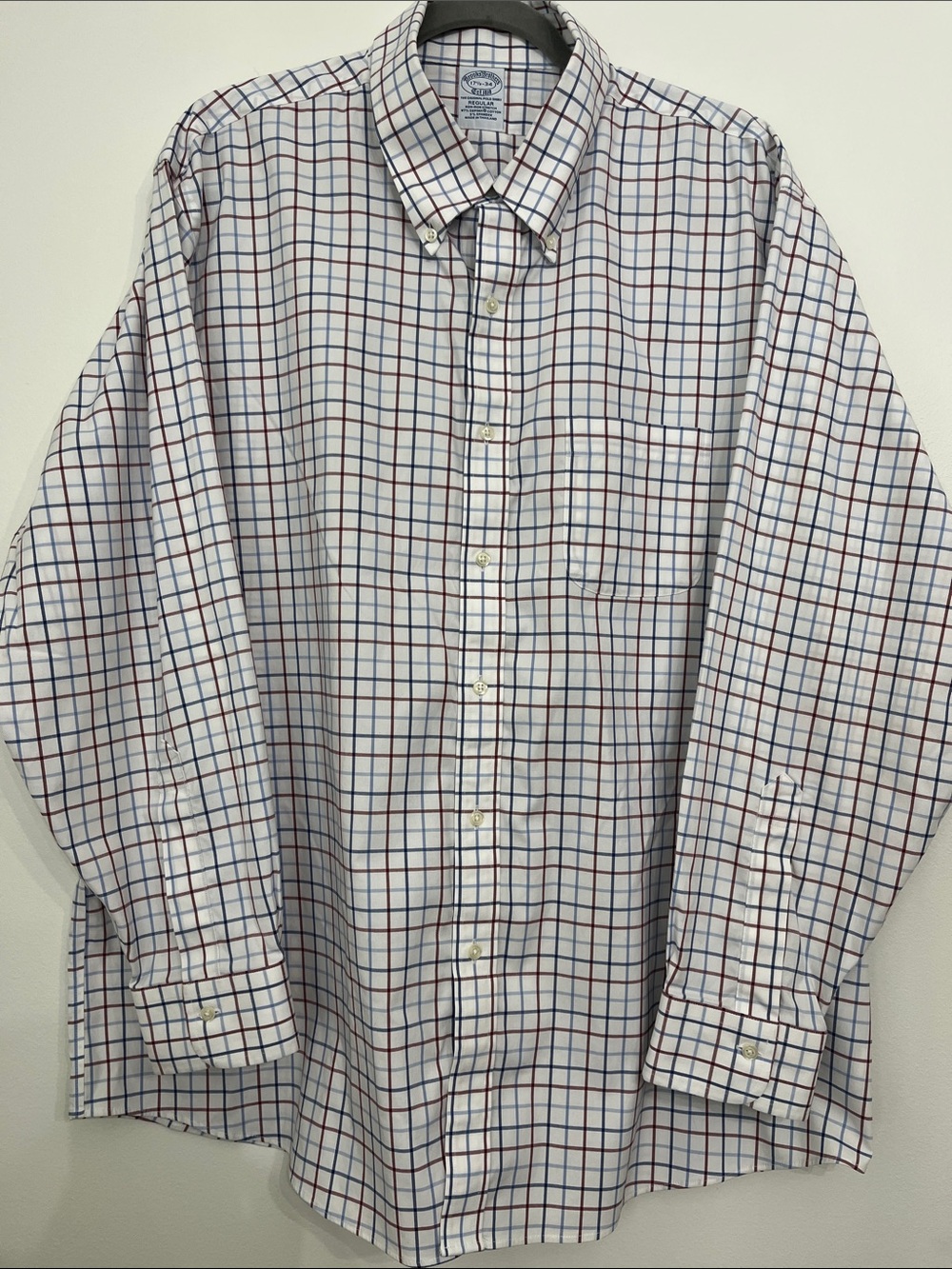 Brooks Brothers Button Down Shirt Blue Red Windowpane Pattern Mens 17 1/2 - 34